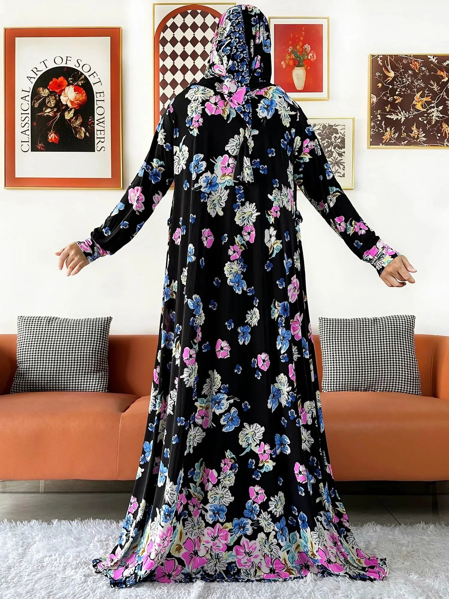 2025 Floral Ramadan Muslim Dress Solid Color Khimar Kaftan Abaya Robe with Attached Hijab Middle East Prayer Garment for Women - AMULET RING STORE
