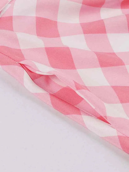 Women's High Waist Pleated Midi Skirts Female Summer Plaid Vintage Casual A-line Loose Skirt With Belt Pocket