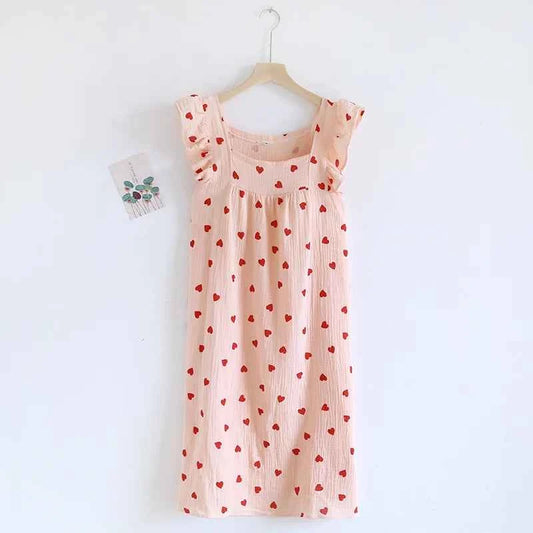 2025 Summer Women's New Sleeping Skirt 100% Cotton Crepe Wood Ear Edge Tank Top Skirt Love Belt Chest Cushion Home Dress Ladies