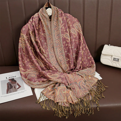 Women National Style Flower Pattern Scarf Jacquard Pashmina Cashmere Tassel Classic Shawl Coldproof Warm Neck Protection