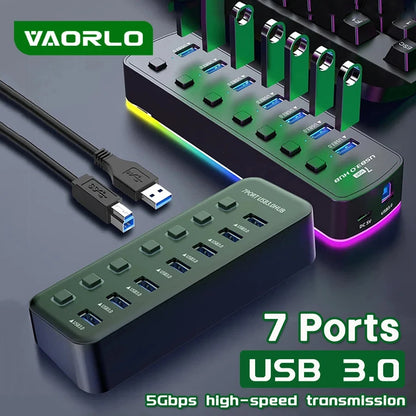 RGB USB 3.0 Hub 7 Ports Data Port Adapter 5Gbps Individual On/Off Switch Splitter Gaming USB Hub For Laptop PC Computer Accessor