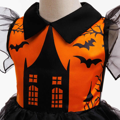 Girl Halloween costume 4-8 Yrs Halloween Theme Party Dresses Skeleton Bat Pumpkin Print Frocks Luxury Fluffy Kids Elegant Gown