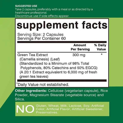 Green Tea Capsules - with 98% Polyphenols, 50% EGCG - Burns Fat, Boosts Metabolism, Appetite Suppressant, Antioxidant