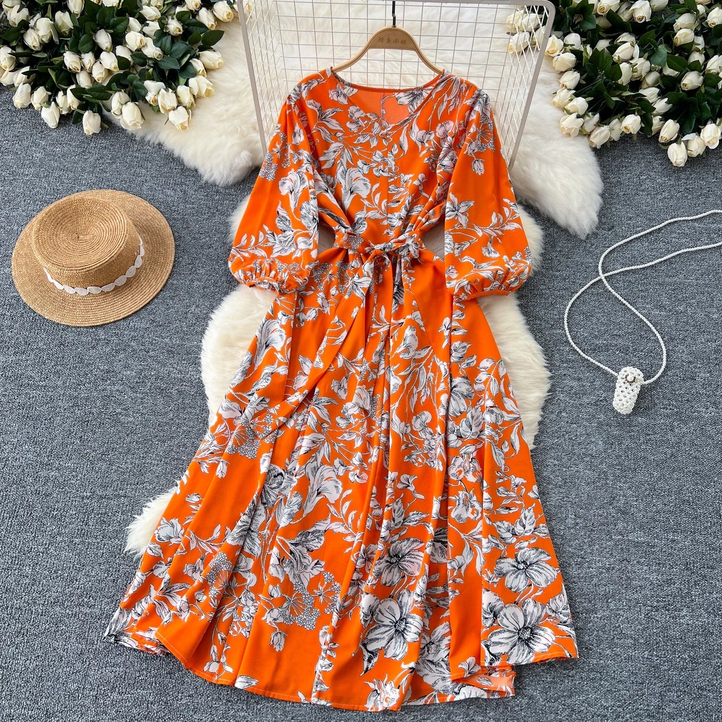 Elegant Boho Floral Print Floral Pleated Maxi Long Dress Female V Neck Puff Sleeve Belt Dresses Women Summer Dress Robe