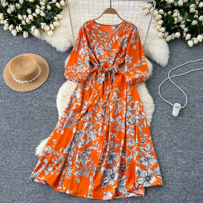 Elegant Boho Floral Print Floral Pleated Maxi Long Dress Female V Neck Puff Sleeve Belt Dresses Women Summer Dress Robe