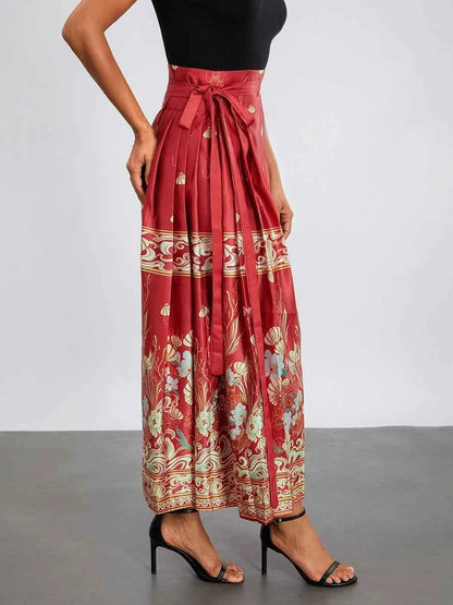Women s Horse Face Skirt Elegant Phoenix Character Flower Print Pleated Tie Up A-Line Long Swing Skirt National Clothing