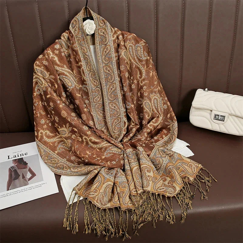 Women National Style Flower Pattern Scarf Jacquard Pashmina Cashmere Tassel Classic Shawl Coldproof Warm Neck Protection