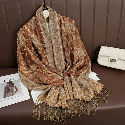 Women National Style Flower Pattern Scarf Jacquard Pashmina Cashmere Tassel Classic Shawl Coldproof Warm Neck Protection