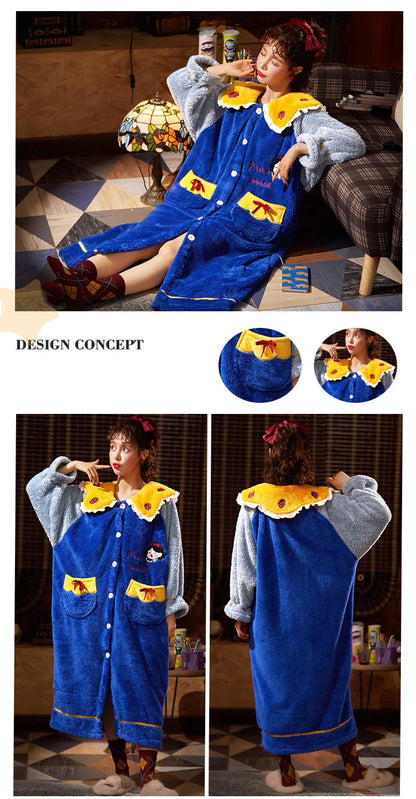 2024 Winter Pajamas For Women Cartoon Hooded Long Robe Strawberry Jacket Cute Home Wear Sleepwear Kawaii Flannel Warm Bathrobe - AMULET RING STORE