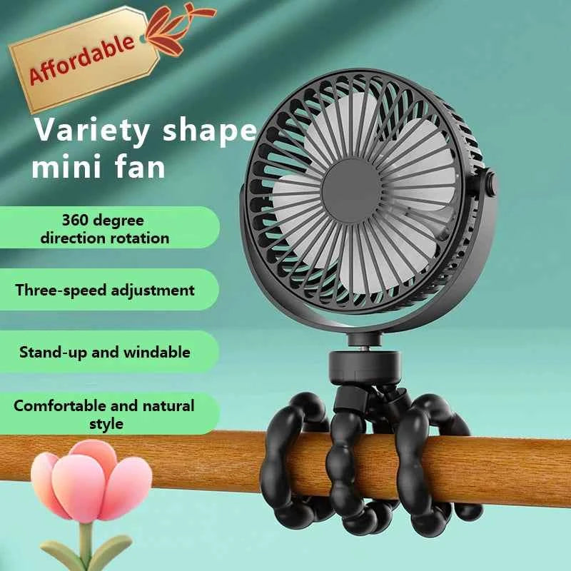 Portable Oscillating Pram Fan Mini Handheld Personal Car Seat Baby Fan with Flexible Tripod Clip-on USB Battery Operated