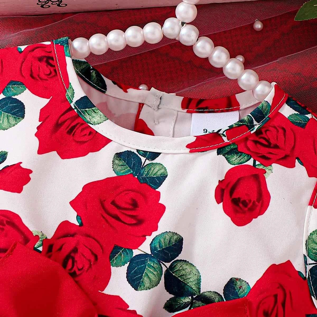 Girls Rose Print Dress Sleeveless Design Big Red Bow Sweet Princess Skirt Children's Clothing Kids' Dresses