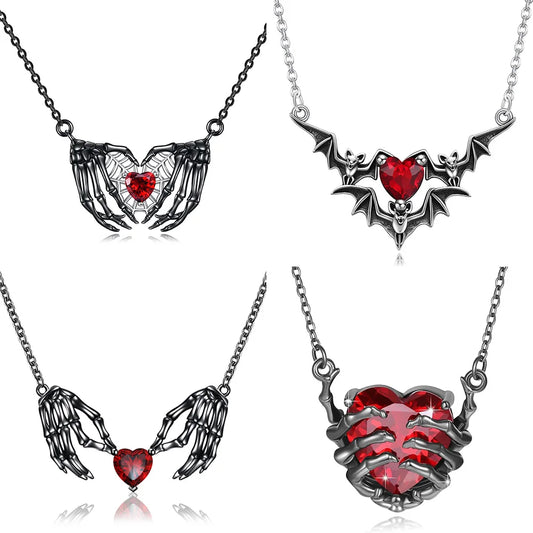Gothic Punk Bat Wings and Heart Shaped Resin Pendant Necklace - Dark Fantasy Style Alloy Chain, Halloween Women’S Gift, Casual Fashion Accessories