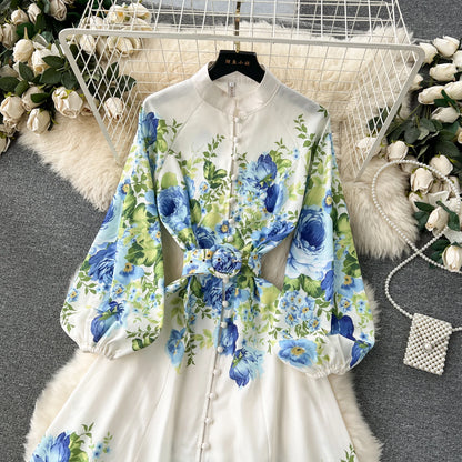 Elegant Gorgeous Floral Bohemian Dress Spring Women Stand Long Lantern Sleeve Floral Print Belt Linen Long Vestidos Clothes 6235
