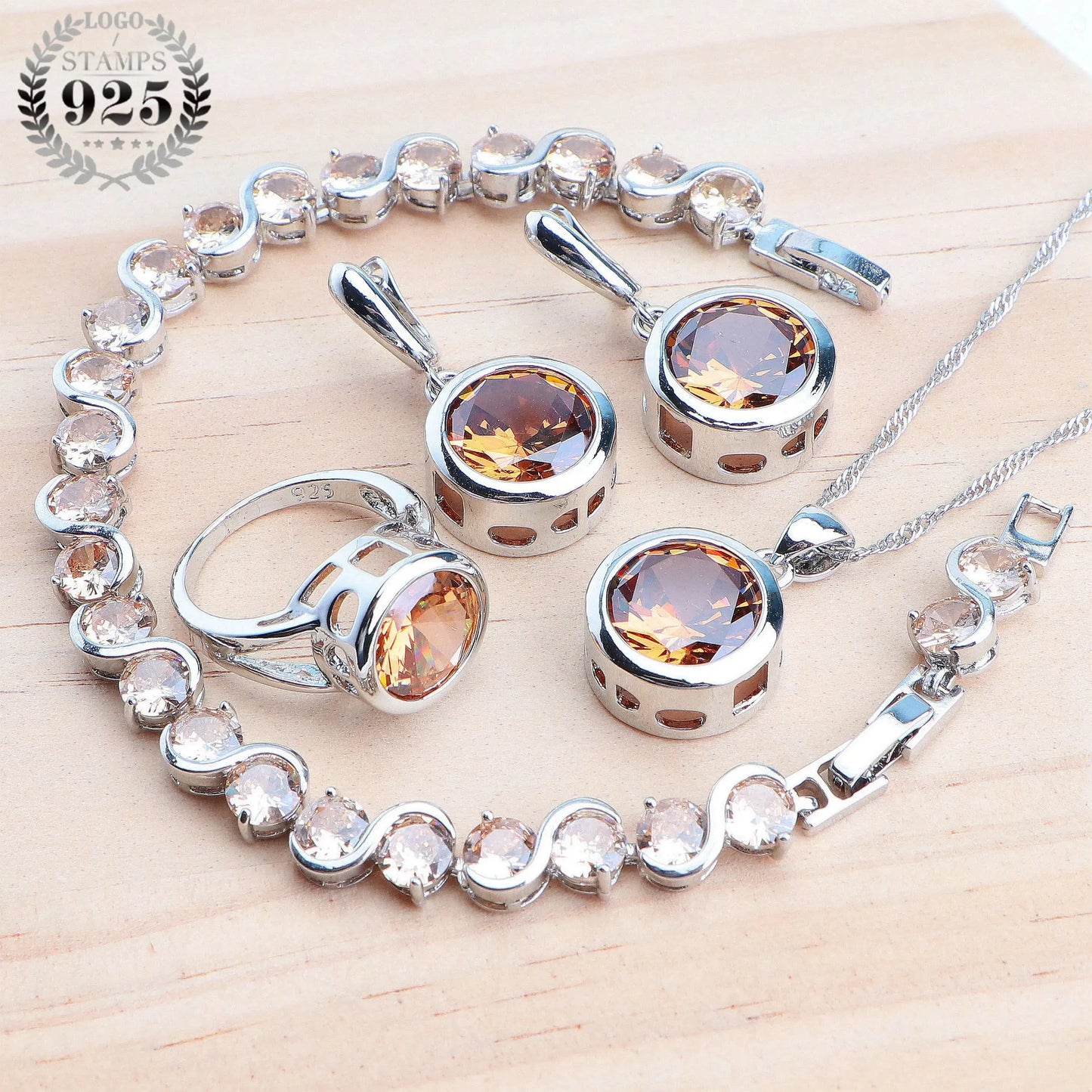 925 Sterling Silver Jewelry Sets Bridal Women Natural Magic Rainbow Zircon Earrings Ring Bracelets Pendant Wedding Necklace Set - AMULET RING STORE