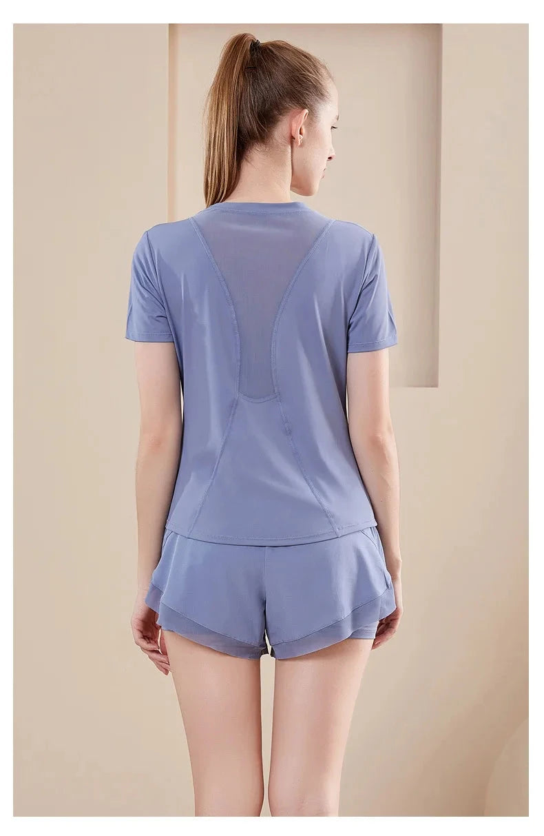 Yoga Set Women Sport T-Shirt Back Mesh Design High Waist Shorts Quick Dry Run Yoga Sports Short Sleeve Shorts Two-piece Yoga Set