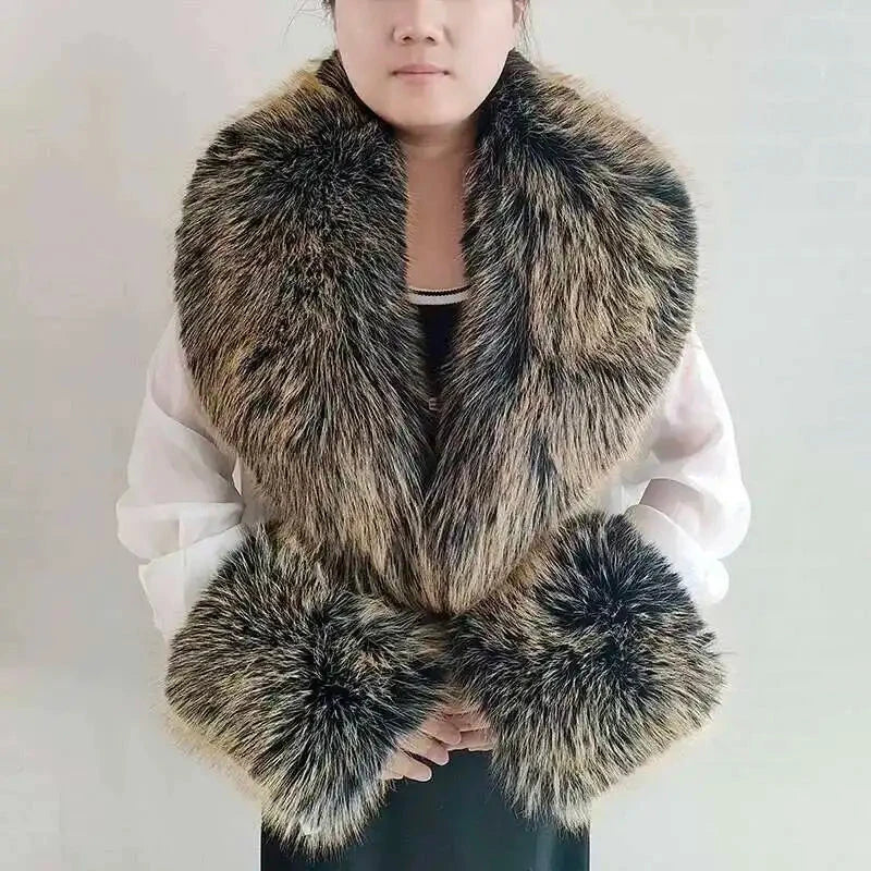 Large Winter Faux Fox Fur Scarf Women Jackets Warm Fluffy Shawl Fashion Artificial Fur Collar And Cuff Set Fluffy Scarves Female