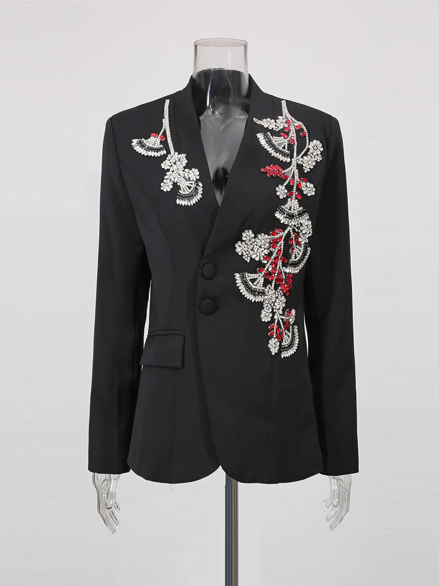 TWOTWINSTYLE Solid Spliced Bead Flower Temperament Blazers for Women V Neck Long Sleeves Patchwork Single Breasted Blazer Female