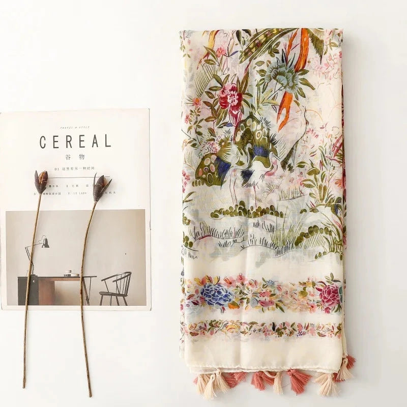 Four Seasons Available Luxury Women Viscose Scarf Designer Shawl Cotton Linen Feeling Tassel Pashmina Muslim Hijab Wrap Floral