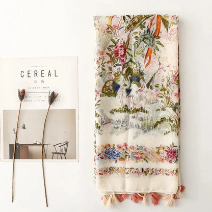 Four Seasons Available Luxury Women Viscose Scarf Designer Shawl Cotton Linen Feeling Tassel Pashmina Muslim Hijab Wrap Floral