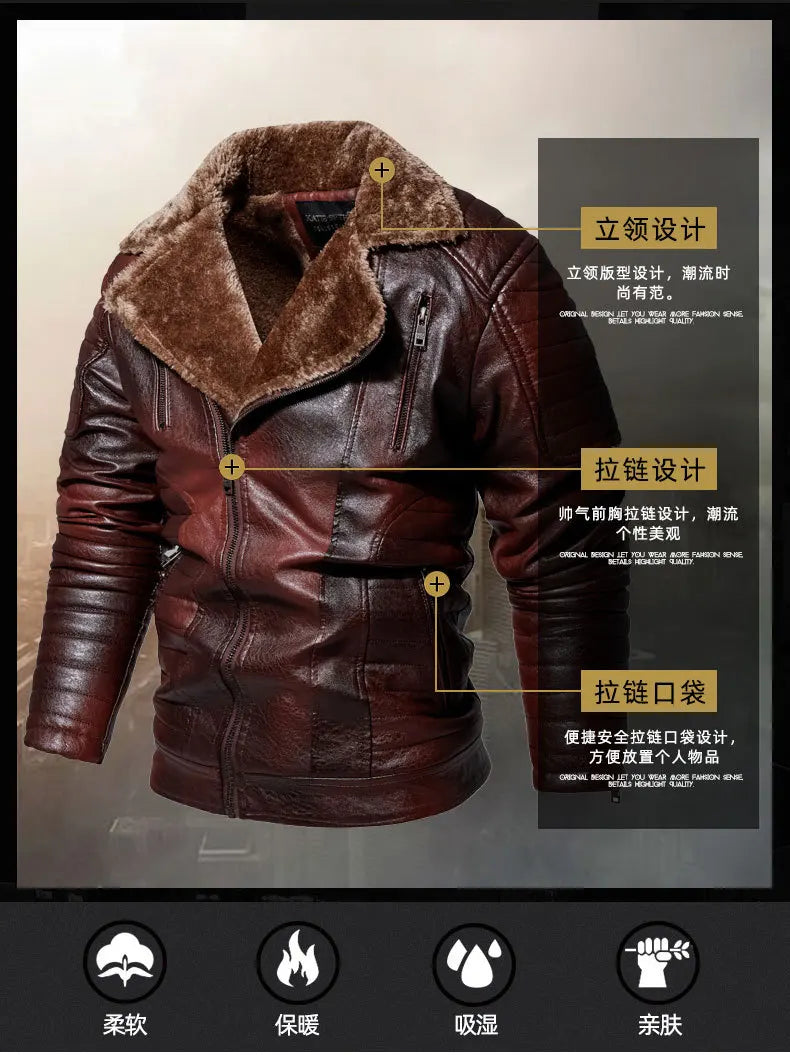 Men's Fur Collar Jacket PU Leather Vintage New Winter Men's Streetwear Thicken Leather Jacket Retro Men Brand Leathe Jacket