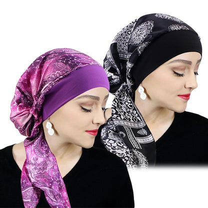Printed Pre-tie Headscarf Women Elastic Muslim Female Turban Cancer Chemo Hat Hair Loss Cover Head Wrap Headwear Stretch Bandana - AMULET RING STORE