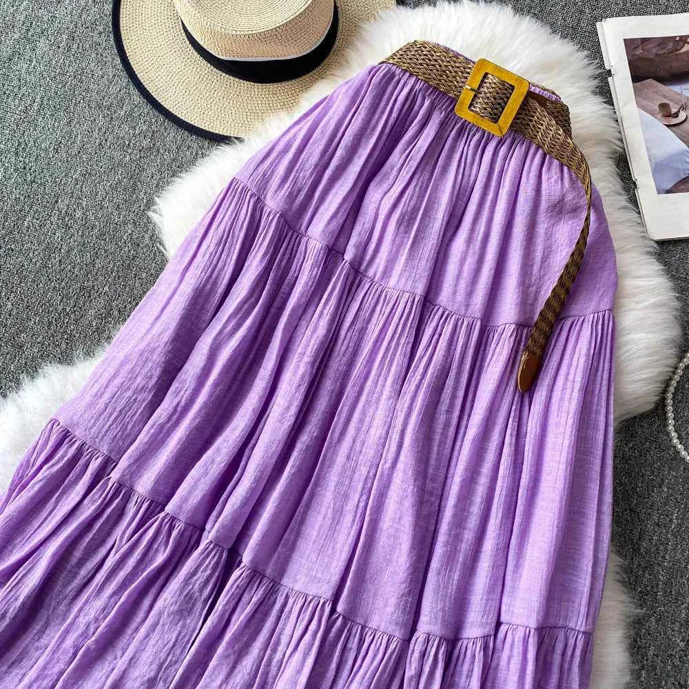White High Waist A-Line Midi Skirt Women's Summer Casual Flared Cake Skirt Korean Sle Baking Poer Skirt for Young Women
