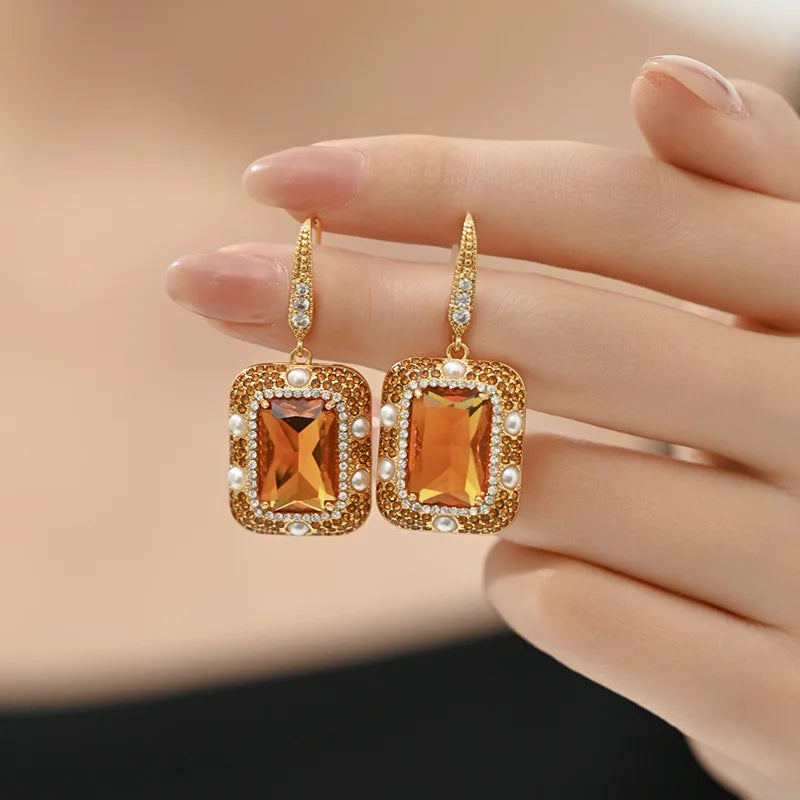 Vintage Crystal & Pearl Earrings, Caramel Cube Drop Earrings, Luxury Geometric Statement Earrings for Women