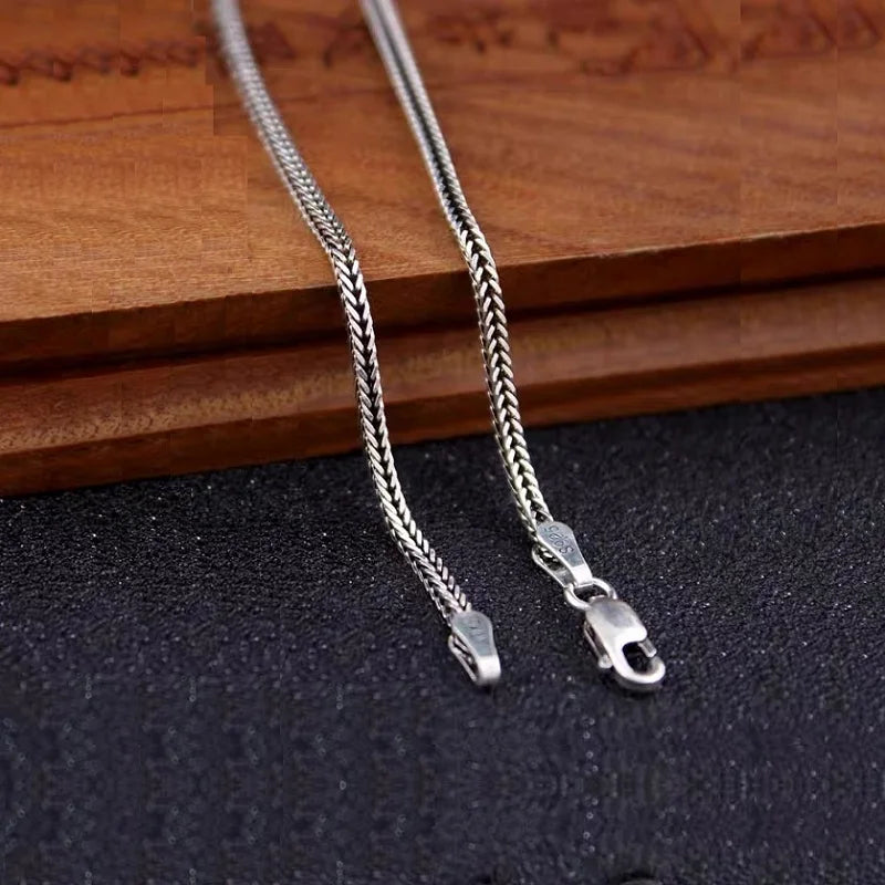 Real S925 Pure Silver Men's Necklace 1.6MM Foxtail Necklace for Men Individuality Vintage solid Silver Snake Bone Chain - AMULET RING STORE