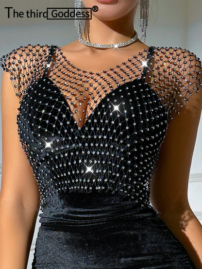 Sexy see through black rhinestone Crop Top Women 2025 Summer Sparkly fishnet beach Party Tank Top night club outfits Tops smock - AMULET RING STORE