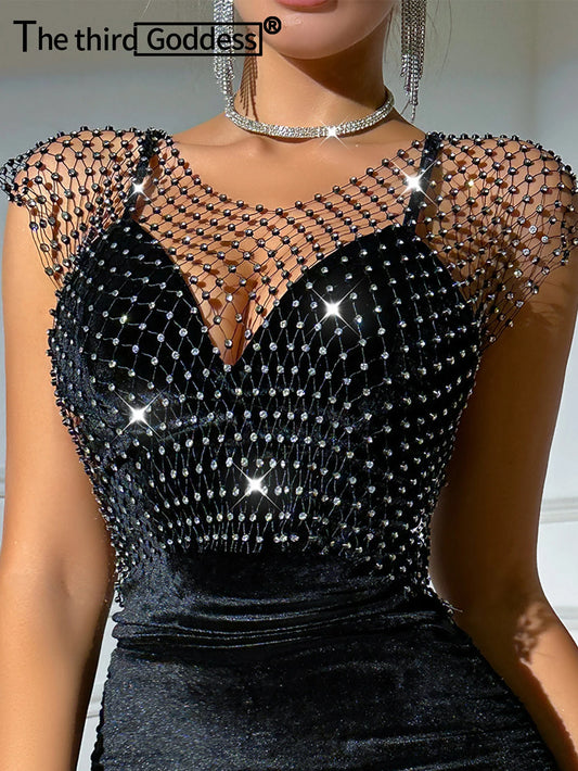 Sexy see through black rhinestone Crop Top Women 2025 Summer Sparkly fishnet beach Party Tank Top night club outfits Tops smock - AMULET RING STORE