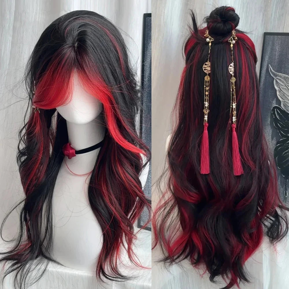 Black Ombre Red Layered Wig Synthetic Long Wavy Women Fluffy Lolita Style Cosplay Wig Middle Part for Daily Party - AMULET RING STORE