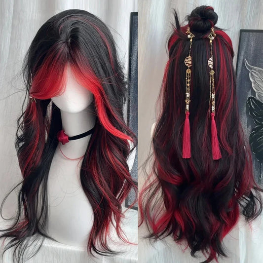Black Ombre Red Layered Wig Synthetic Long Wavy Women Fluffy Lolita Style Cosplay Wig Middle Part for Daily Party - AMULET RING STORE