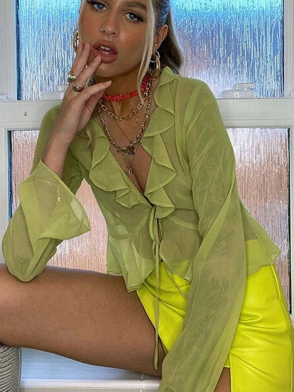 Vintage 90s Streetwear Ruffles Trim Green Chiffon T-shirts Y2K Fashion Sexy Deep V Lace Up Long Sleeve Tops Transparent - AMULET RING STORE