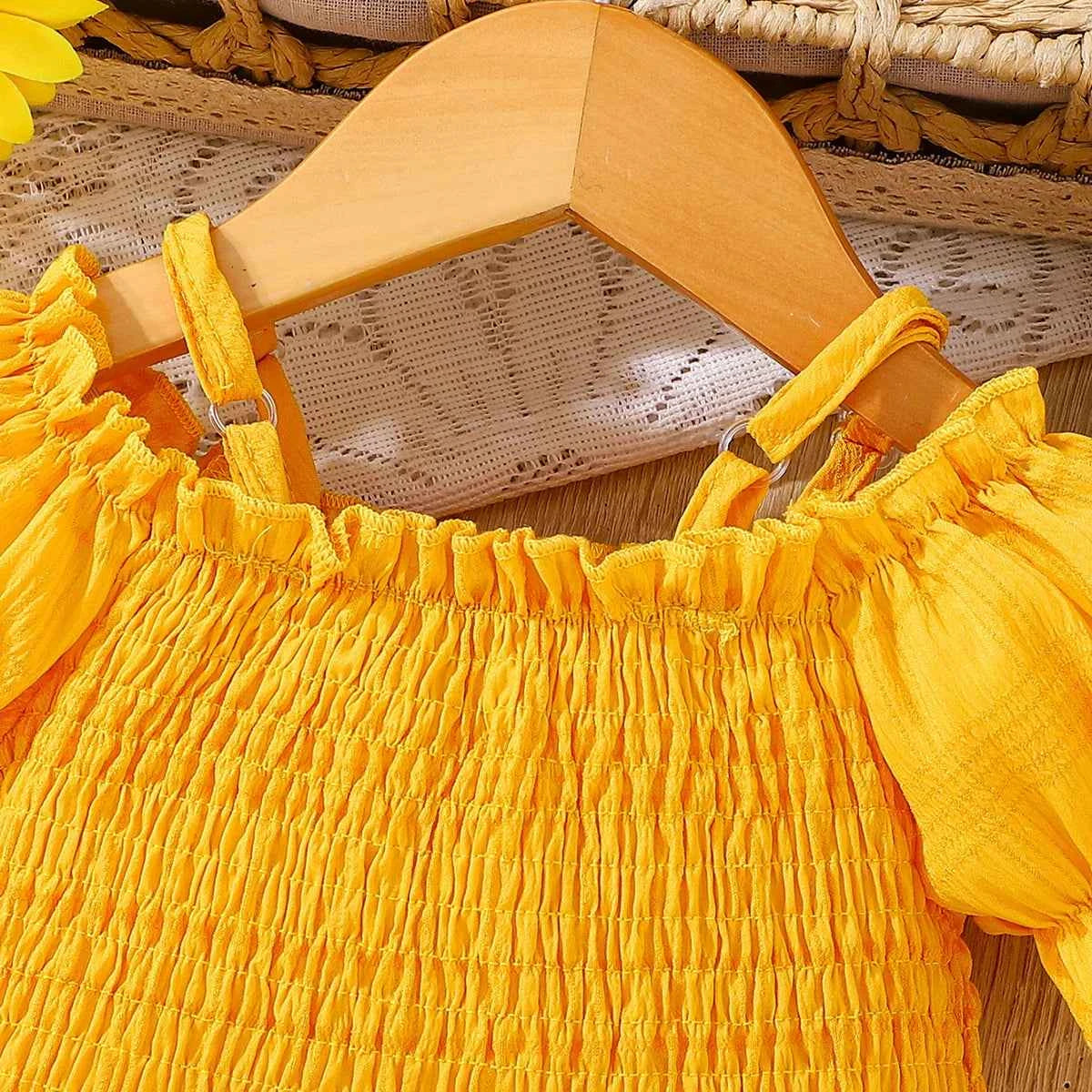 Girls Summer Sunflower Outfit with Shoulder Bared Bubble Sleeve Top And Flounce Hem Short Skirt Two Piece Set