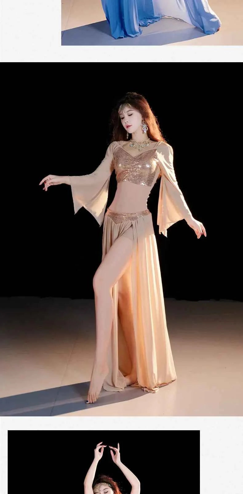 Belly Dancing Wear Outfit for Women Mesh Long Sleeves Top+gauze Long Skirt 2pcs Training Set Oriental Belly Dance Costume Set