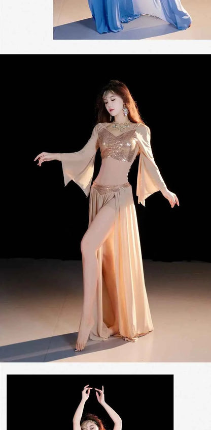 Belly Dancing Wear Outfit for Women Mesh Long Sleeves Top+gauze Long Skirt 2pcs Training Set Oriental Belly Dance Costume Set