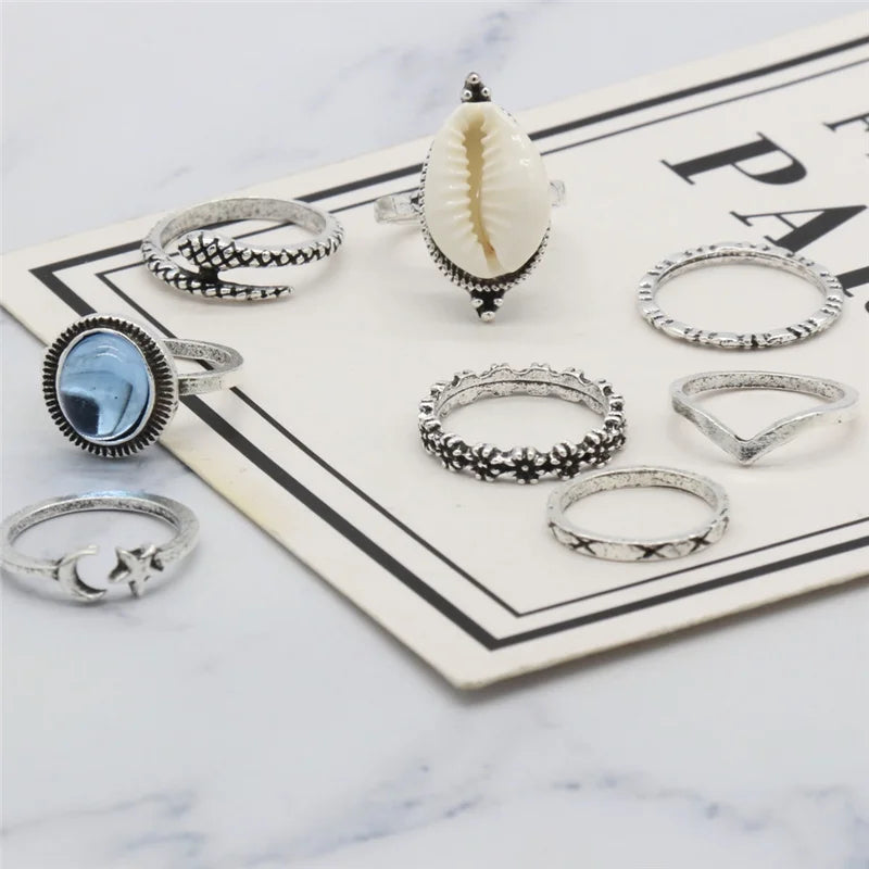 Antique Star Moon Snake Flower Shell Ring Set for Women Ethnic Style Creative Party Jewelry Accessories Custom Jewelry