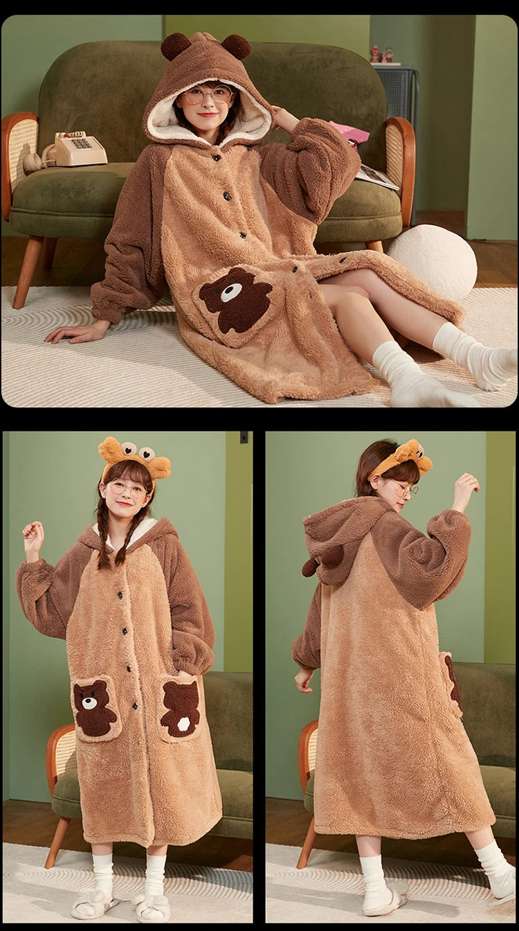 2024 Winter Pajamas For Women Cartoon Hooded Long Robe Strawberry Jacket Cute Home Wear Sleepwear Kawaii Flannel Warm Bathrobe - AMULET RING STORE