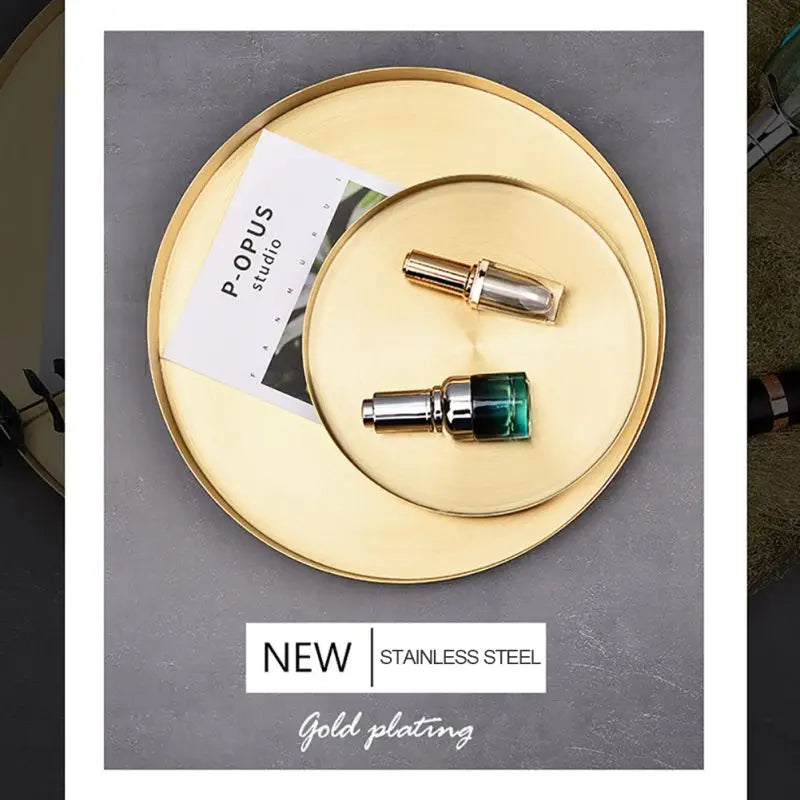 12/20/30cm Decorative Golden Nordic Round Tray Stainless Steel Luxury Jewelry Tea Coffee Cup Tray Home Car Keys Storage Trays - AMULET RING STORE