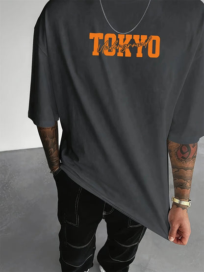 Men's Summer 100% Cotton Fashionable Casual Loose Large Size Japanese Tokyo Pattern Printed Round Neck Short Sleeve T-shirt Top - AMULET RING STORE