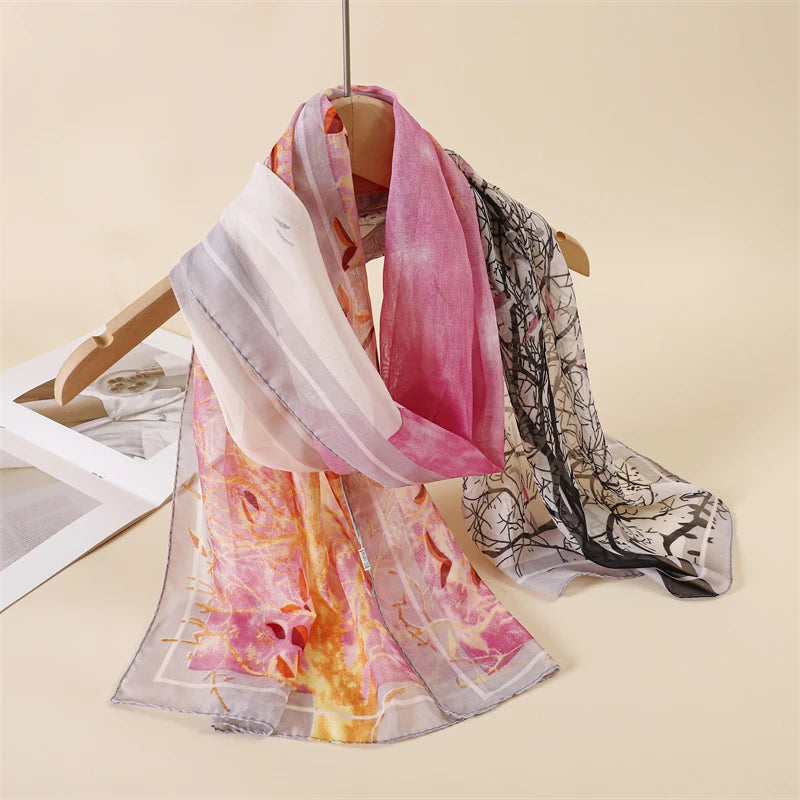 45*155cm Print Design Women Silk Scarf Shawl Elegant Headscarf Convinient Bandage Hijabs Chiffon Muslim Wrap Scarves - AMULET RING STORE