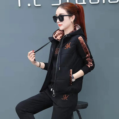 Women's Fashion Plush Thickened Sweat Suit 2025 Autumn Winter New Casual Hooded Tops Waistcoat Pants 3 Three Piece Set For Women