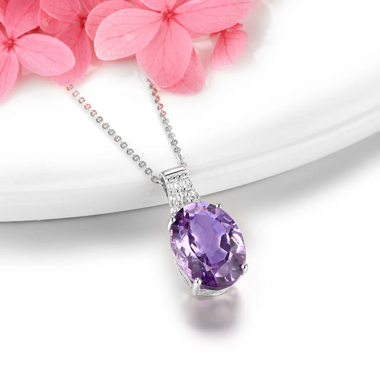 Natural Amethyst Sterling Silver S925 Rhodium Plated 8.5 Carats Genuine Birthstone Big Size Quarts Birthday Gift for Women