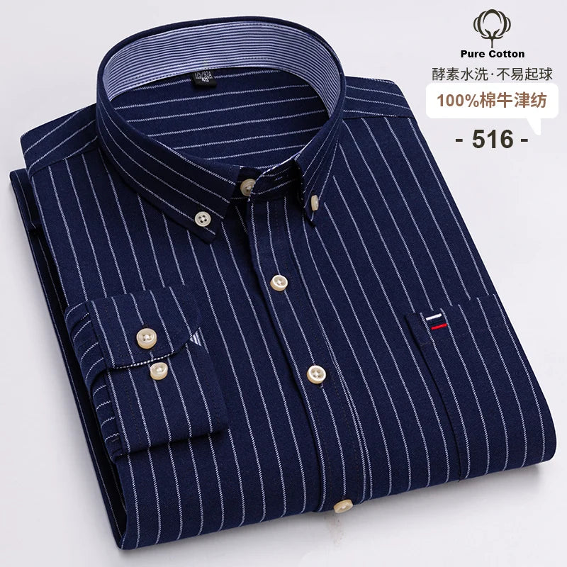 100% Cotton Oxford Men's Shirts Long Sleeves Plaid Soft Regular Fit Formal Dress Shirt Pocket Social Blouse Male Clothes S-7XL