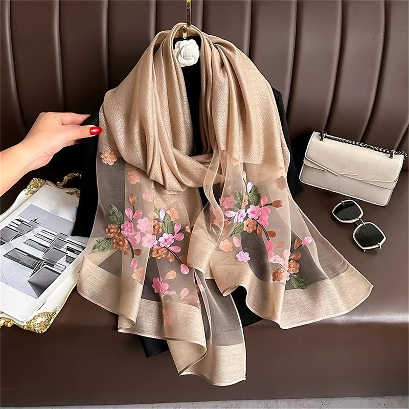 Women Silk Wool Scarf Floral Embroidery Hijab Female Foulard Spring Summer Thin Pashmina Shawls Wraps Bufanda Headscarf Stoles - AMULET RING STORE