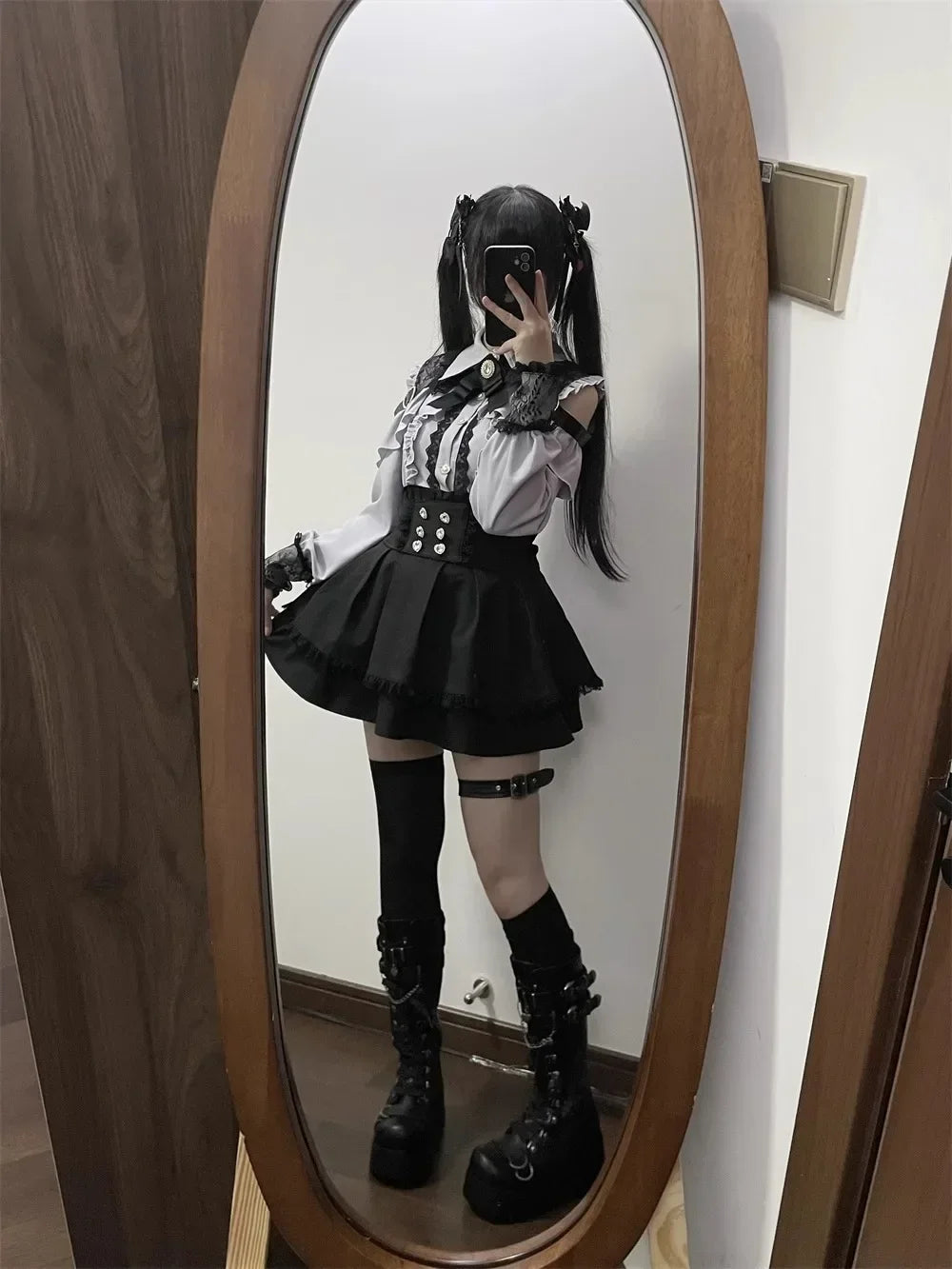 Sweet Gothic Lolita Two Piece Set, Off Shoulder Blouse + High Waist Skirt, Kawaii Tri-color Lace Coord Outfit for Women & Teens