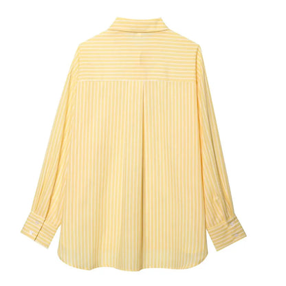 HXAO Women's Striped Shirt Long Sleeve Yellow Shirt Spring Summer Long Button Up Shirts And Blouses Casual Loose Fit Shirt