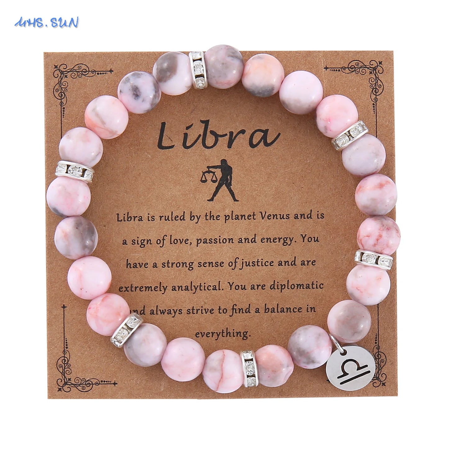 MHS.SUN 12 Star Zodiac Sign Pink Zebra Stone Beaded Bracelets Constellation Fashion Birthday Party Jewelry For Women Men