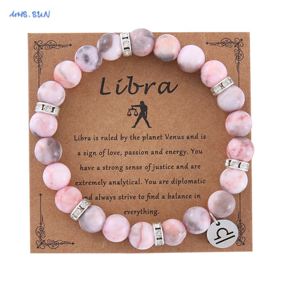 MHS.SUN 12 Star Zodiac Sign Pink Zebra Stone Beaded Bracelets Constellation Fashion Birthday Party Jewelry For Women Men