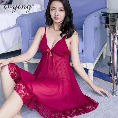 Sexy Sleepwear Women V-neck Nightgown Sexy Nightdress Lace Mesh Pajama Loungewear Summer Dress Nightwear Night Wear